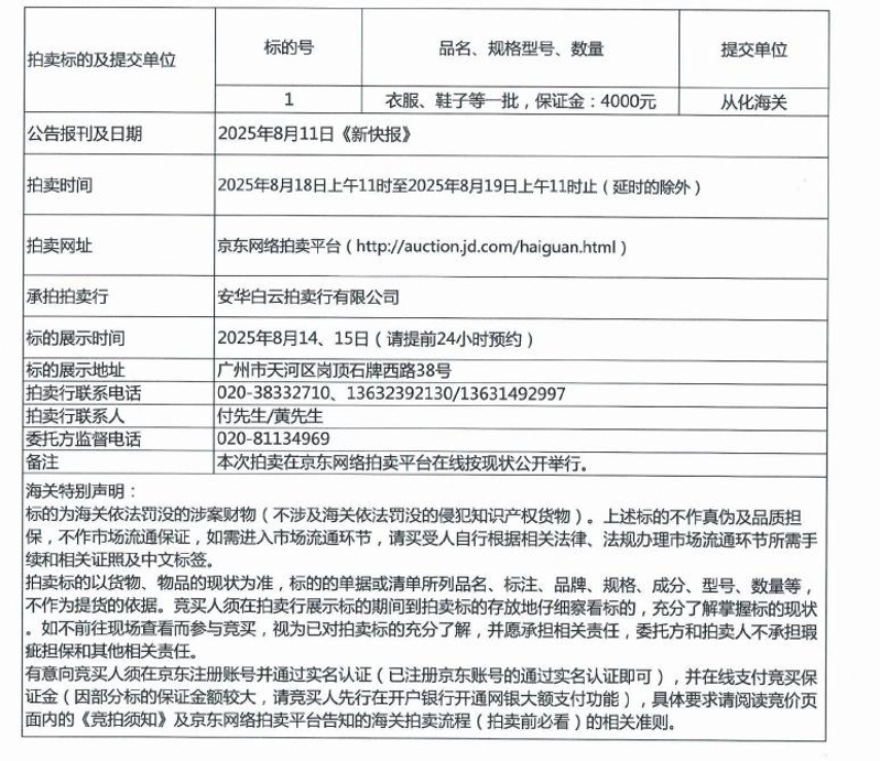 从化海关拍卖公告[2025年第001期]