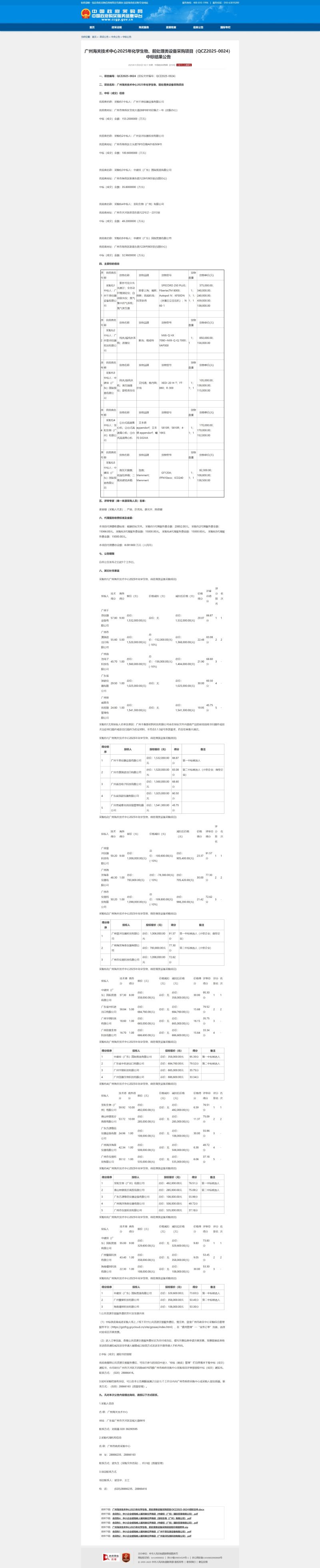 广州海关技术中心2025年化学生物、前处理类设备采购项目(QCZ2025-0024)中标结果公告 11.05 广州海关技术中心2025年化学生物、前处理类设备采购项目(QCZ2025-0024)中标结果公告 11.05
