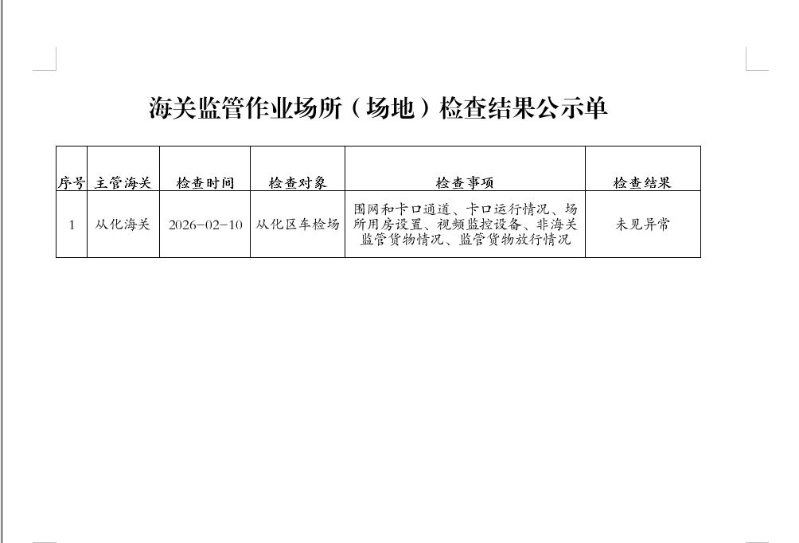 从化海关监管作业场所（场地）检查结果公示单.xls（2026年2月10日）