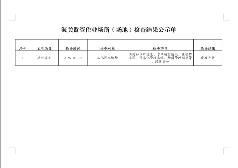 从化海关监管作业场所（场地）检查结果公示单（2026年8月25日）